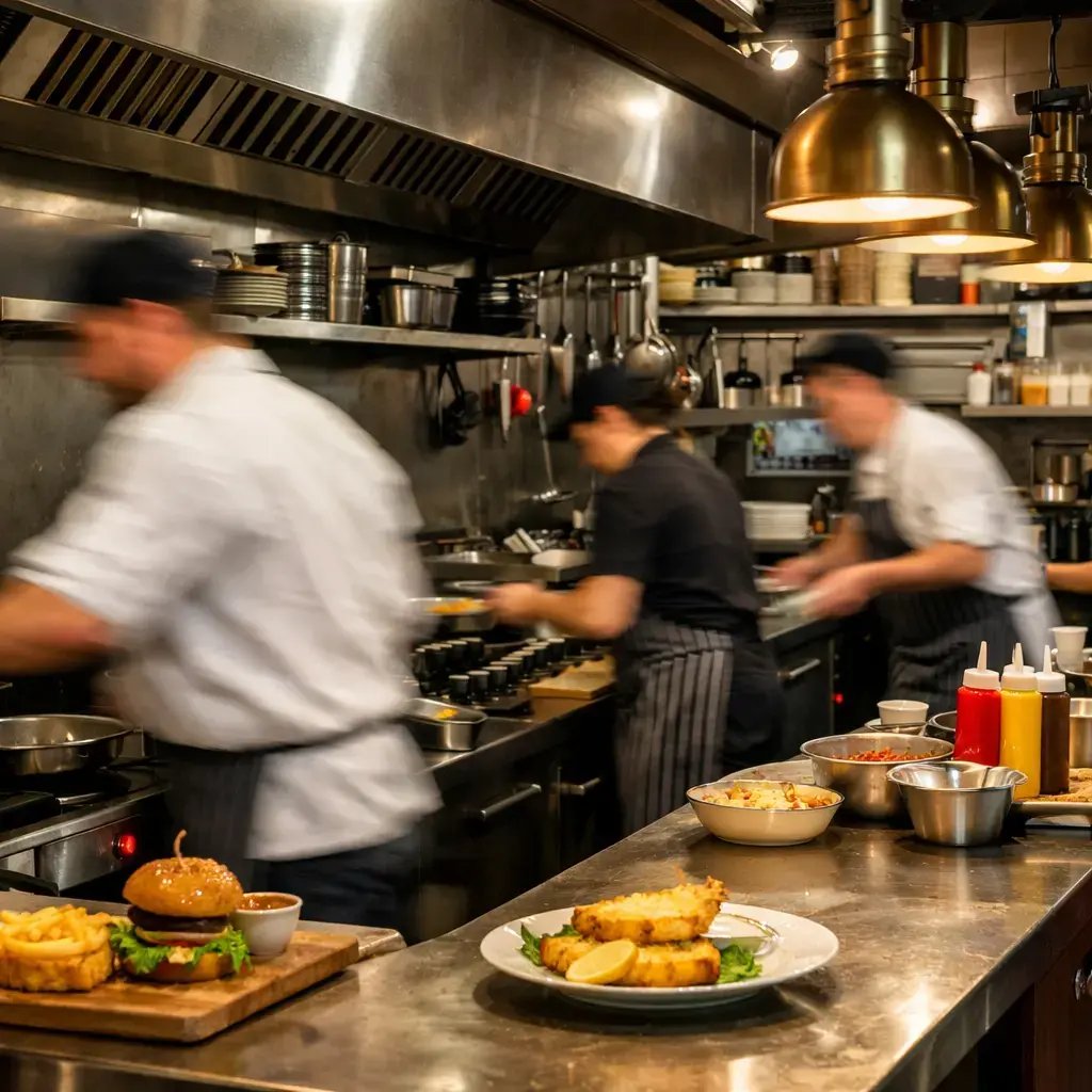 Pub Kitchen with Busy Chefs in Motion