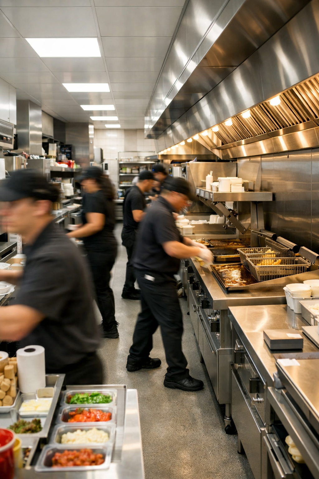 Busy QSR Kitchen with Blurred Workers and Clean Units