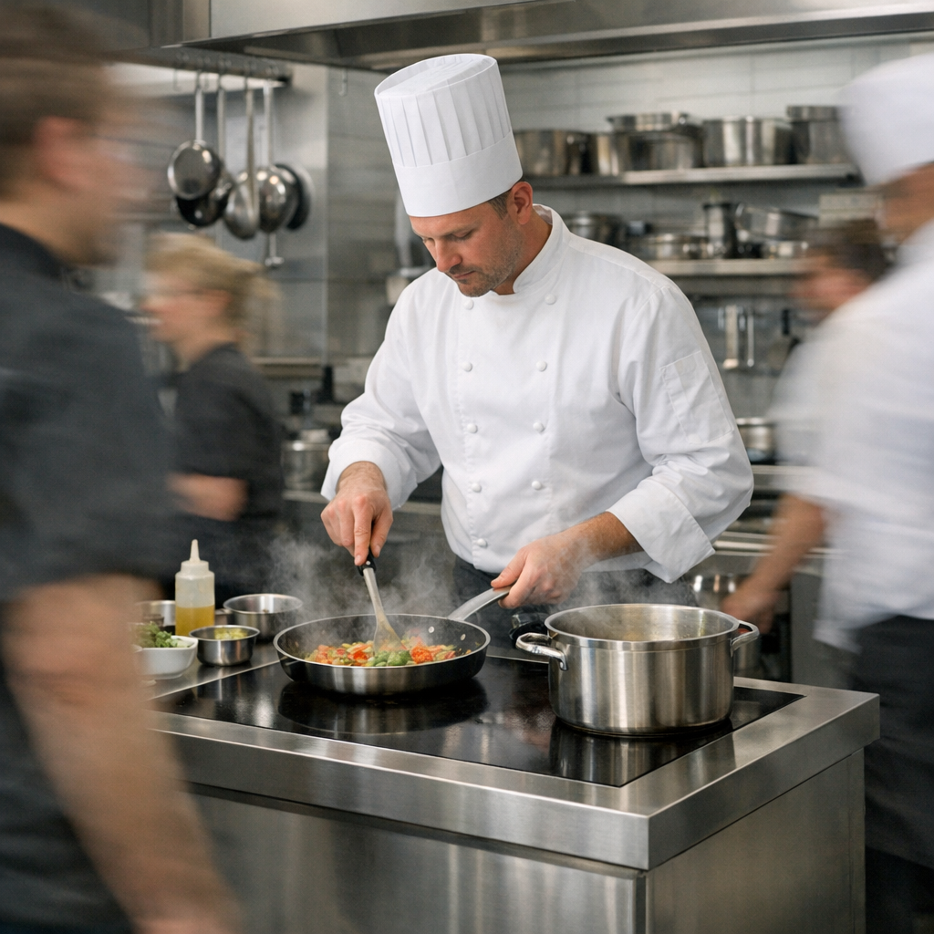 Chef Cooking on Induction Hob with Blurred Figures-1