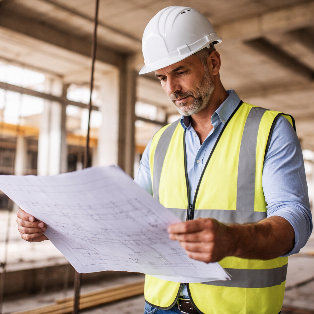 Main Contractor Reviewing Blueprints in Construction Site