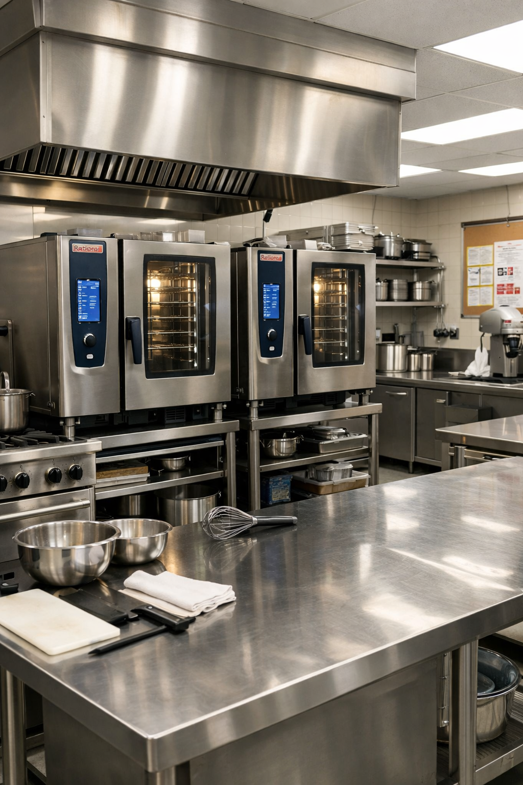 School Kitchen with Stainless Steel Counters and Combination Ovens-1