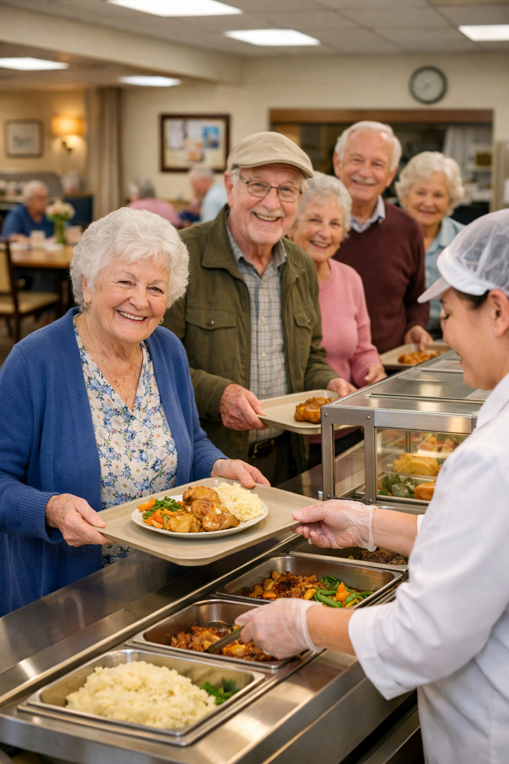 Smiling Residents Dining at Care Home Servery