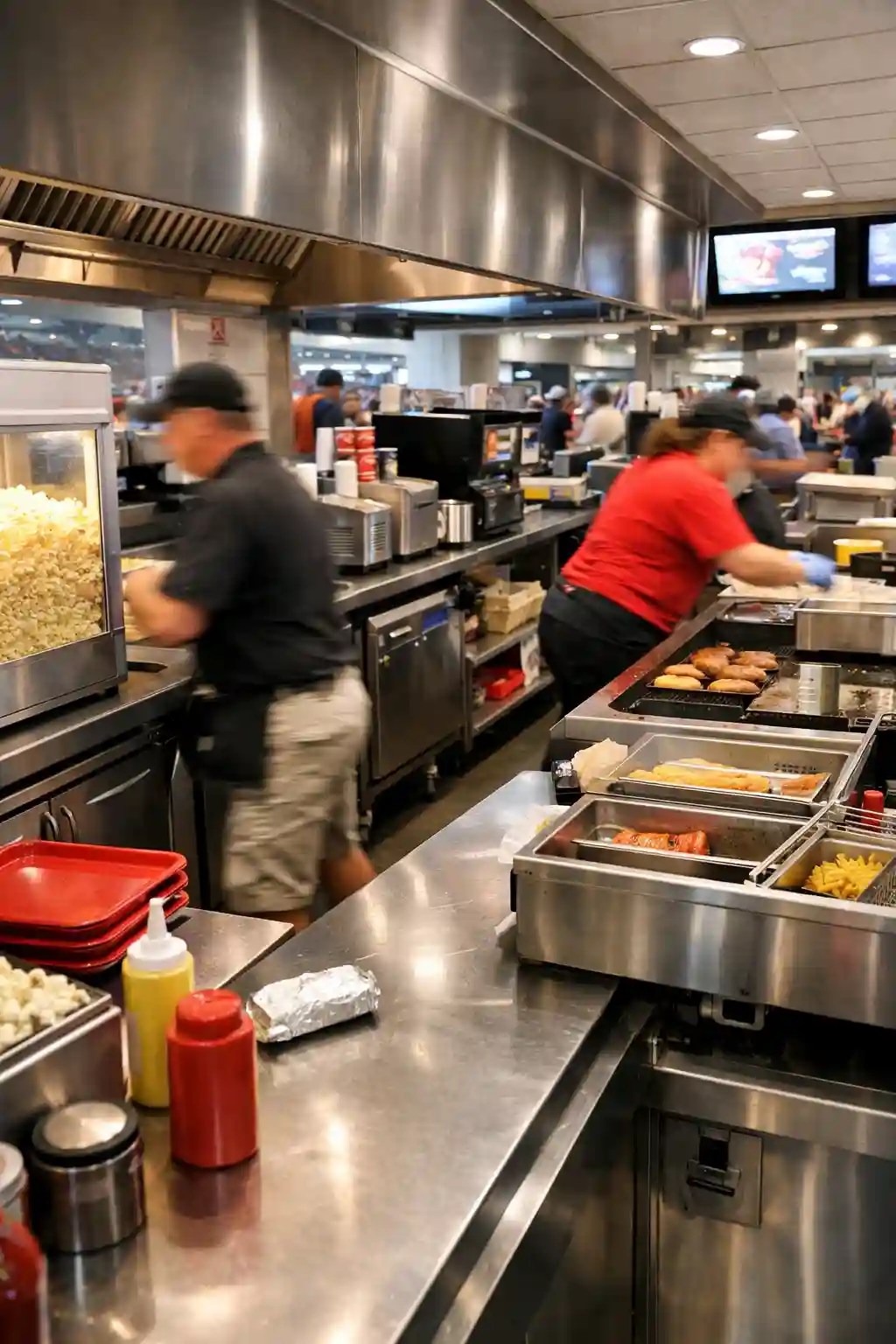Stadium Concession Counter with Blurred Workers and Catering Gear (1)