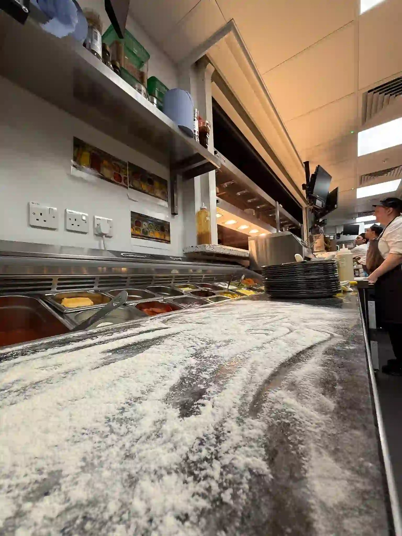 a worktop in a busy kitchen