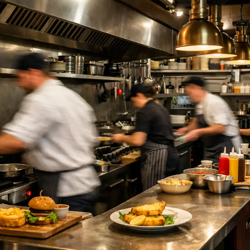 Pub Kitchen with Busy Chefs in Motion